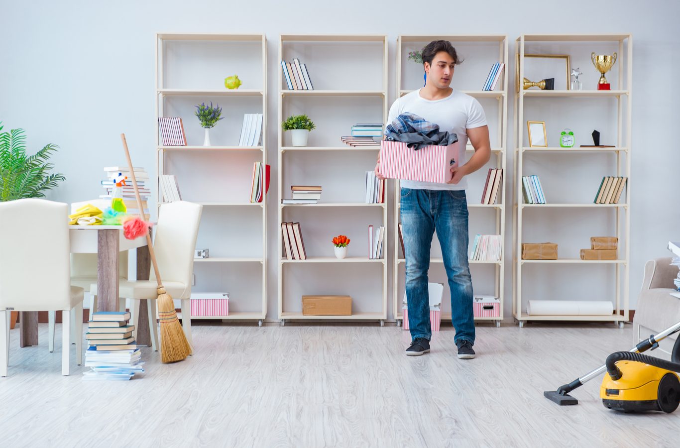 Hombre sujetando una caja con ropa doblada en una sala con estanterías blancas y un aspirador vertical