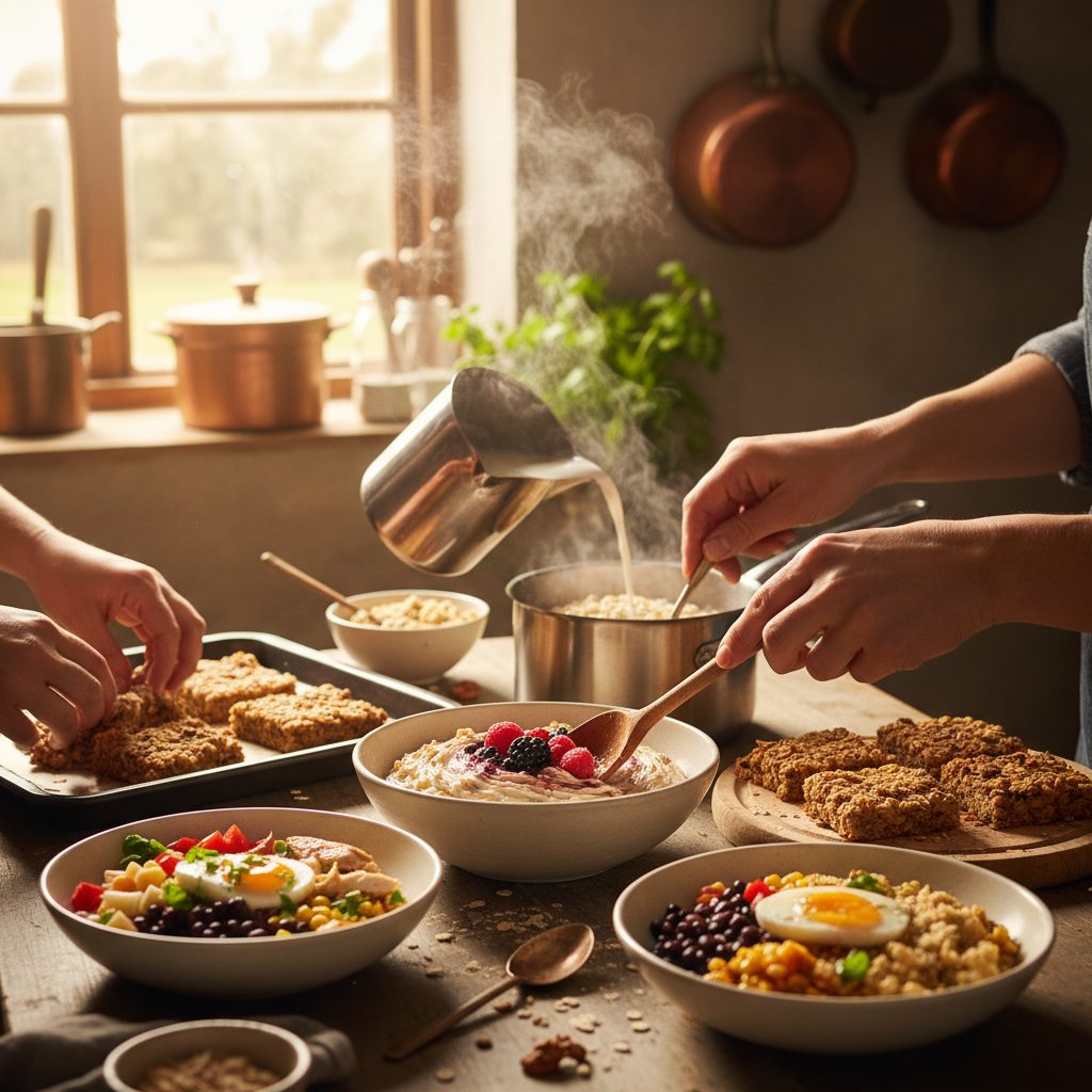 Personas preparando y sirviendo tazones de avena con frutas y otros ingredientes sobre una mesa de madera.