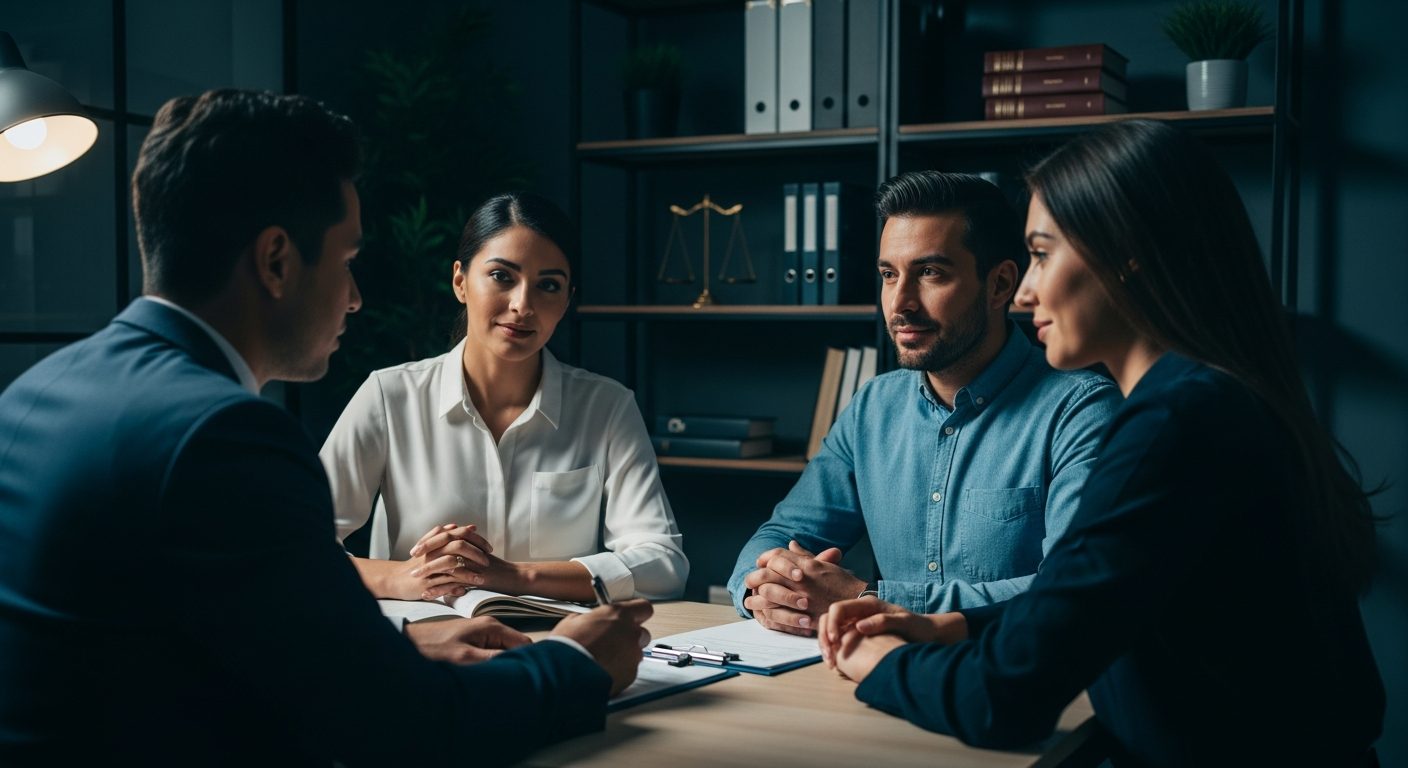 Cuatro personas sentadas alrededor de una mesa en una oficina oscura durante una reunión de negocios