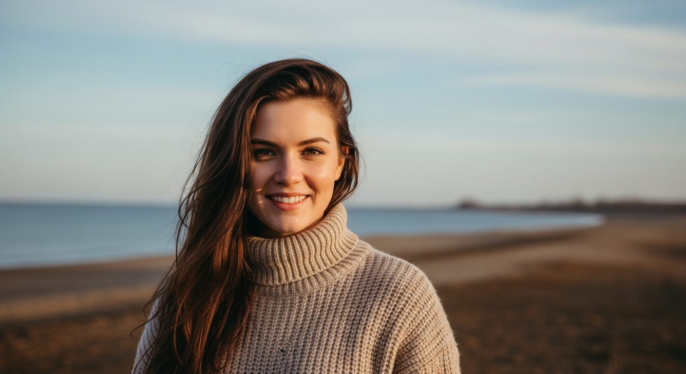 Una mujer joven con suéter de cuello alto sonríe directamente a la cámara en una orilla al atardecer, con el mar detrás