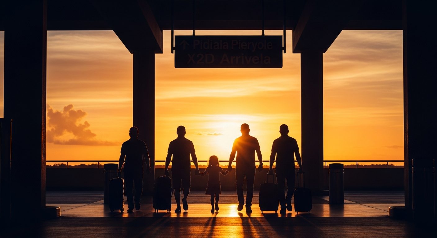 Siluetas de una familia de cinco personas, con un niño en medio, caminando con maletas en un aeropuerto al atardecer