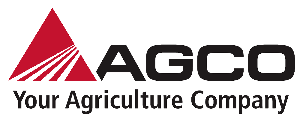 Logotipo de AGCO en negro con un triángulo rojo que simula surcos de campo y la frase Your Agriculture Company