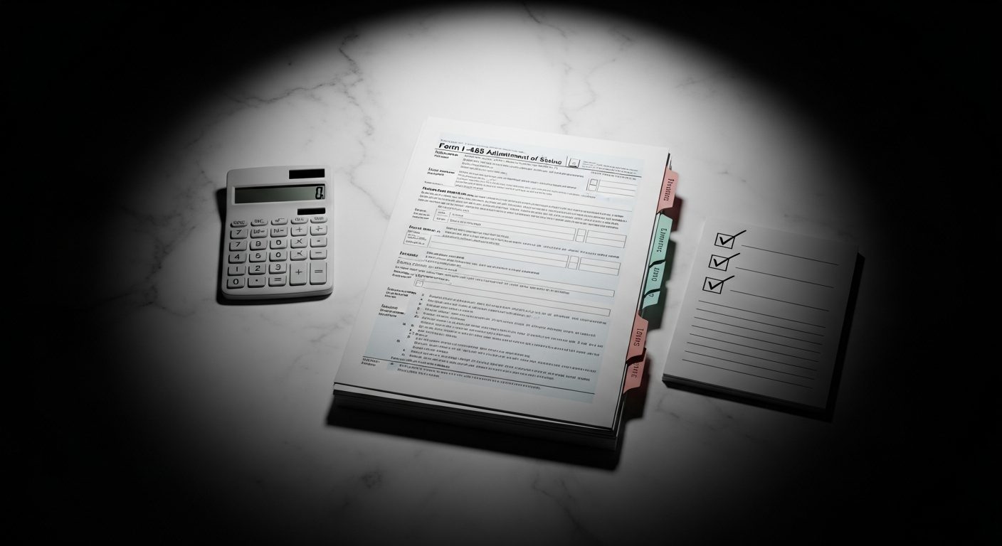 Formulario I-485 de Ajuste de Estatus, calculadora y lista de verificación bajo un foco en un escritorio oscuro