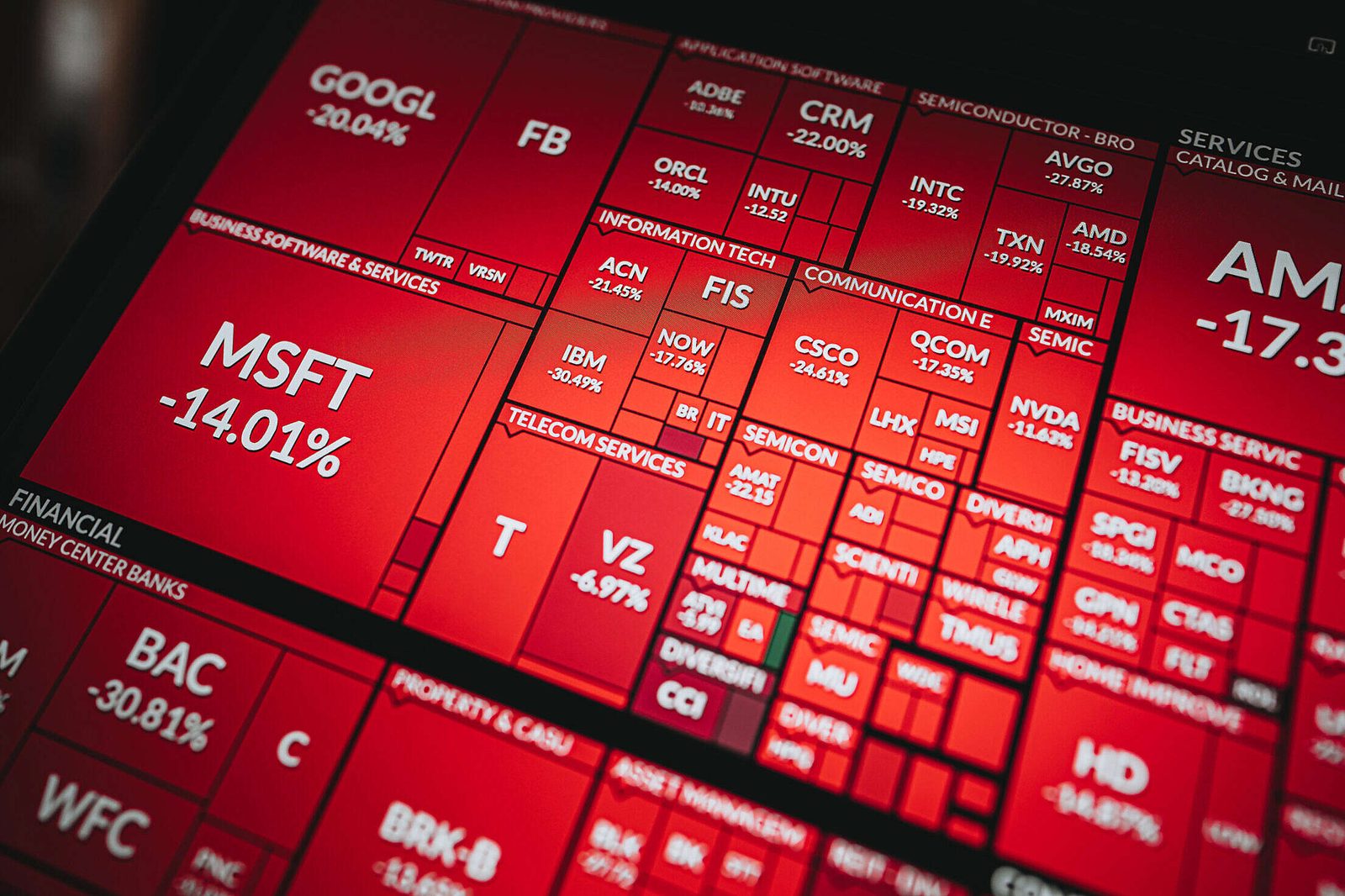 Pantalla digital roja mostrando una tabla de valores bursátiles de empresas como MSFT, GOOGL y BAC