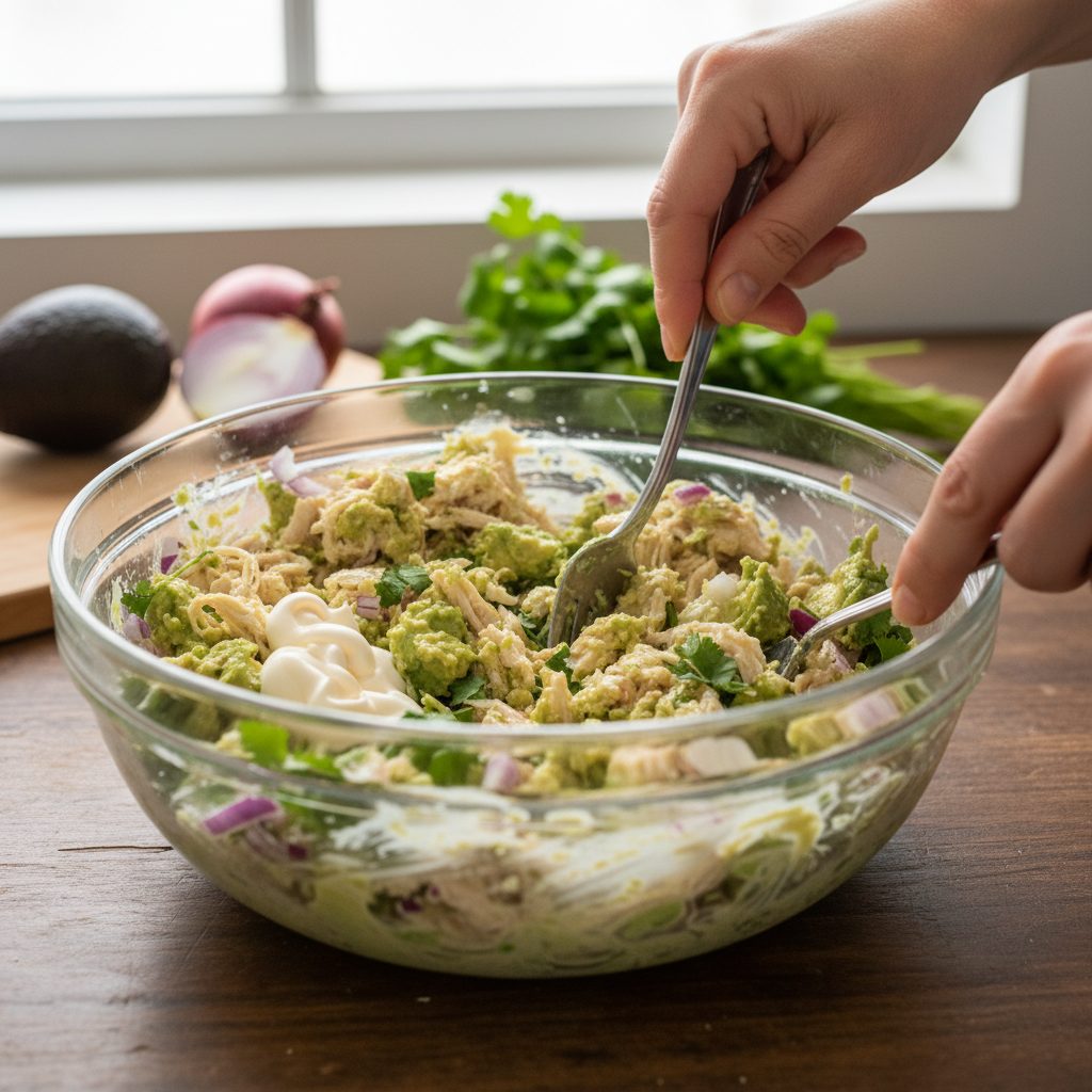 Manos mezclando en un tazón de cristal una ensalada de atún, aguacate y cebolla morada con dos tenedores sobre una mesa