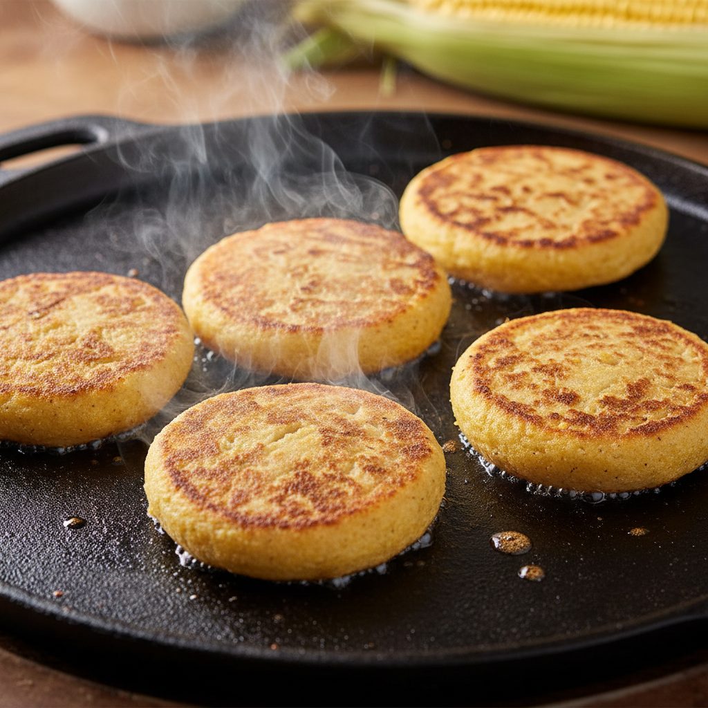 Arepas cocinándose en el budare