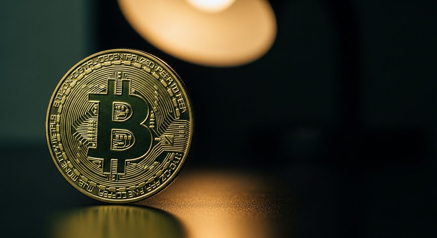 Moneda física de Bitcoin dorada en primer plano, con el símbolo B y texto grabado, sobre una superficie oscura con luz cálida