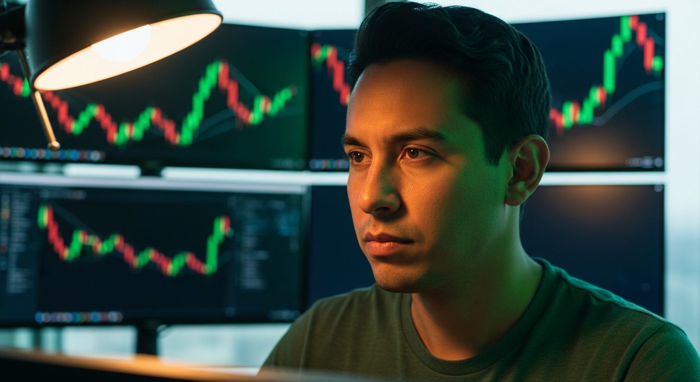 Joven con camiseta verde mirando concentrado varias pantallas de ordenador que muestran gráficos de trading con velas verdes y rojas