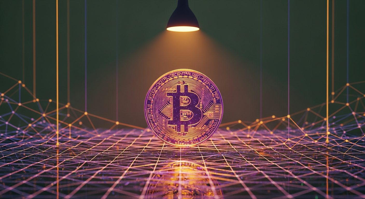 Moneda digital de Bitcoin dorada iluminada por un foco desde arriba, sobre una red de líneas naranjas y púrpuras en un entorno oscuro