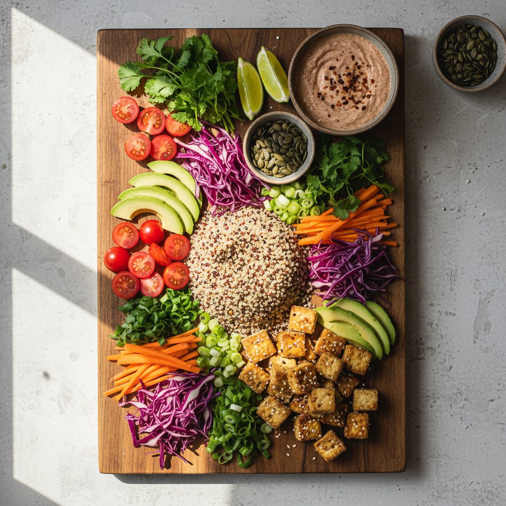 Plato con quinoa, aguacate, tomates cherry, repollo morado, zanahorias y tofu sobre una tabla de madera