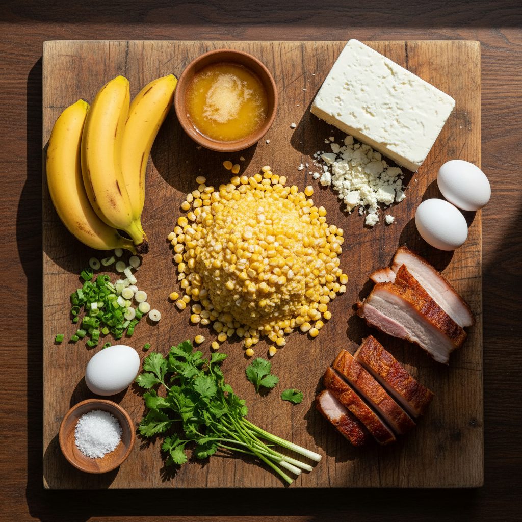 Plátanos, maíz, queso, tocino y huevos dispuestos sobre una tabla de cortar de madera lista para cocinar.