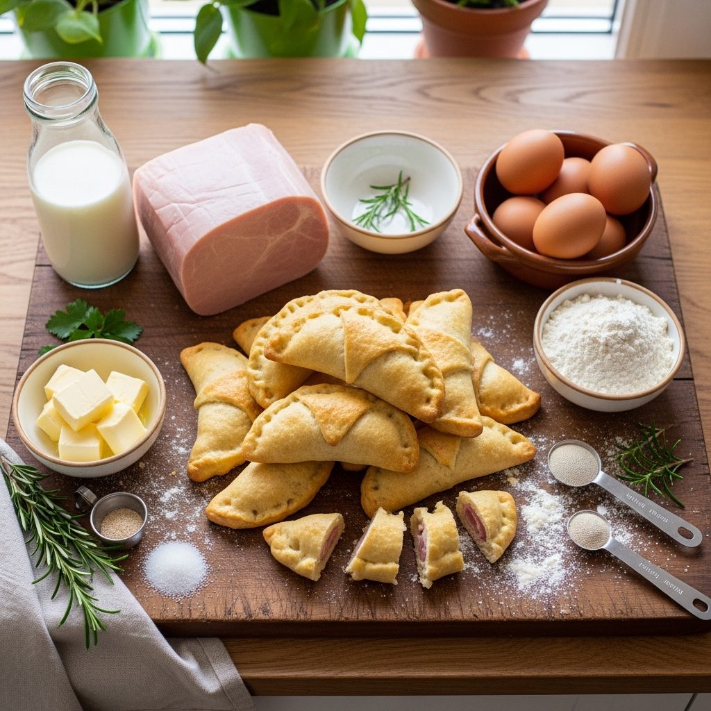 Empanadas recién horneadas de jamón, algunas cortadas, junto a huevos, leche, mantequilla y harina sobre una tabla de madera