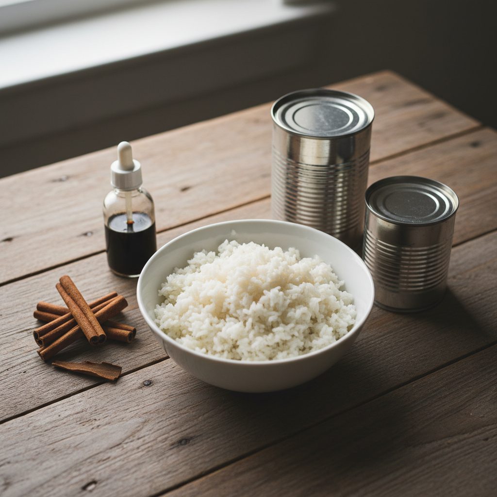 Un tazón de arroz blanco cocido, varitas de canela, un frasco con gotero y dos latas metálicas sobre una mesa de madera