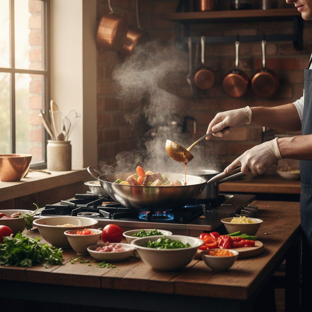 Chef con guantes blancos vierte salsa con un cucharón en una sartén humeante sobre una estufa en una cocina rústica