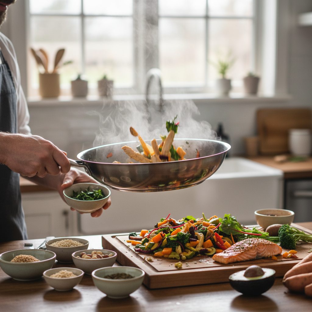 Manos lanzando verduras y pollo en una sartén humeante, con salmón y aguacate sobre una tabla en la cocina