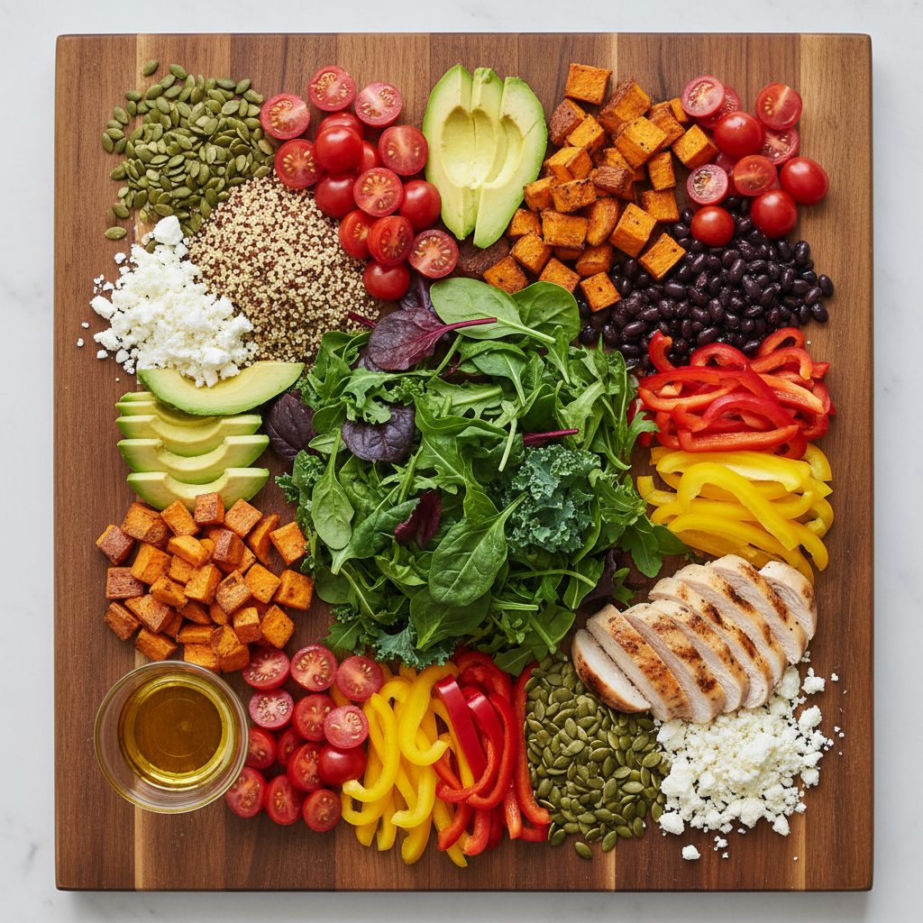 Tabla de madera con pollo, verduras, semillas, quinoa y aderezo dispuestos para preparar una receta saludable