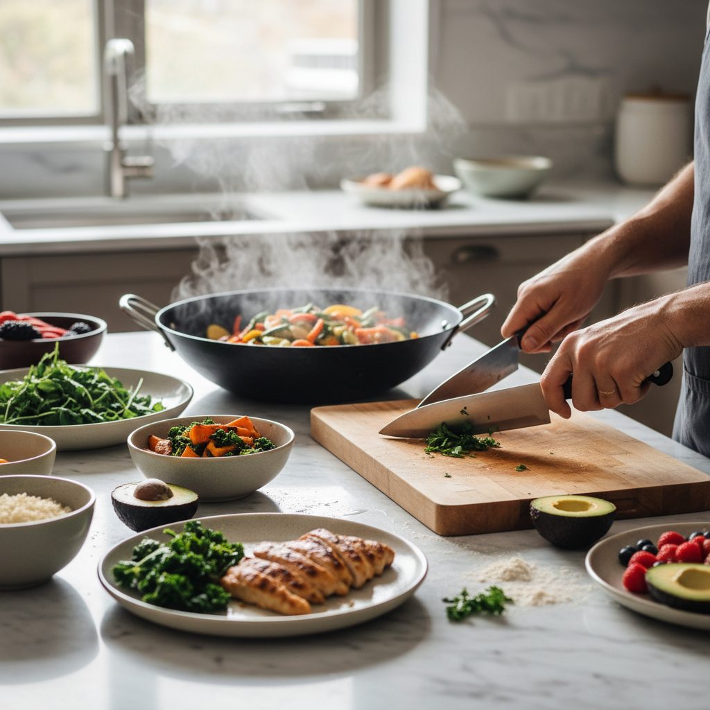 Persona picando perejil fresco en una tabla de cortar dentro de una cocina moderna con bandejas de comida preparada