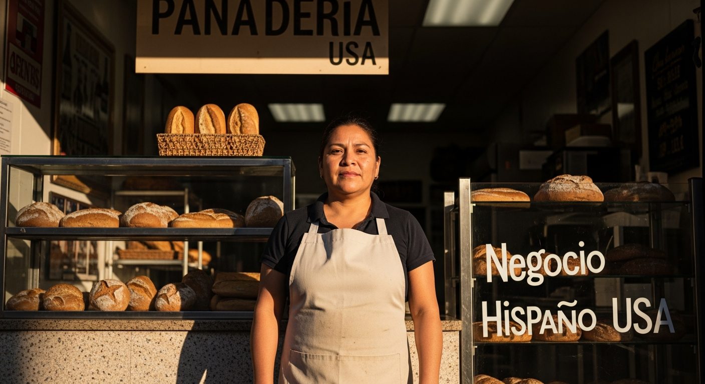 Mujer latina con delantal blanco parada frente a la entrada de una panadería con rótulos PANADERIA USA y Negocio Hispano USA
