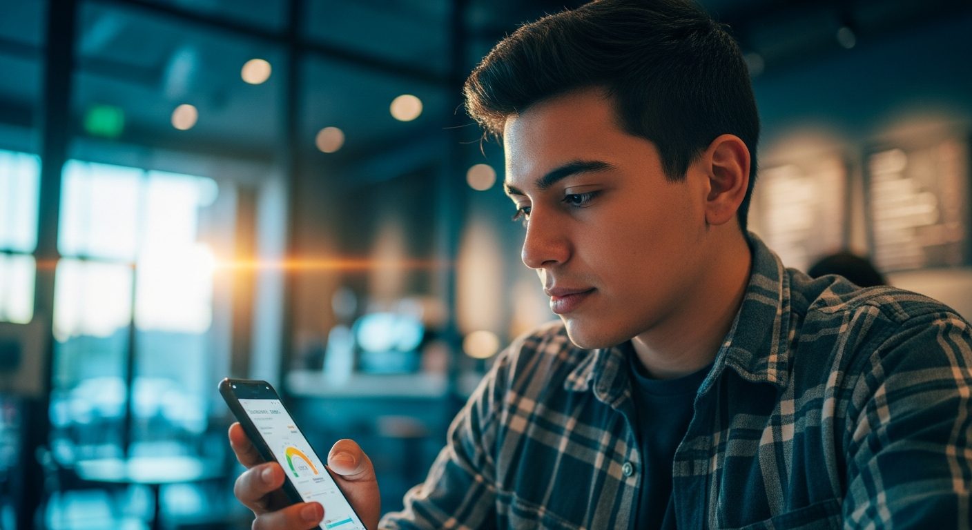 Un joven de camisa a cuadros mira su smartphone en un restaurante con luces bokeh y destellos de sol al fondo