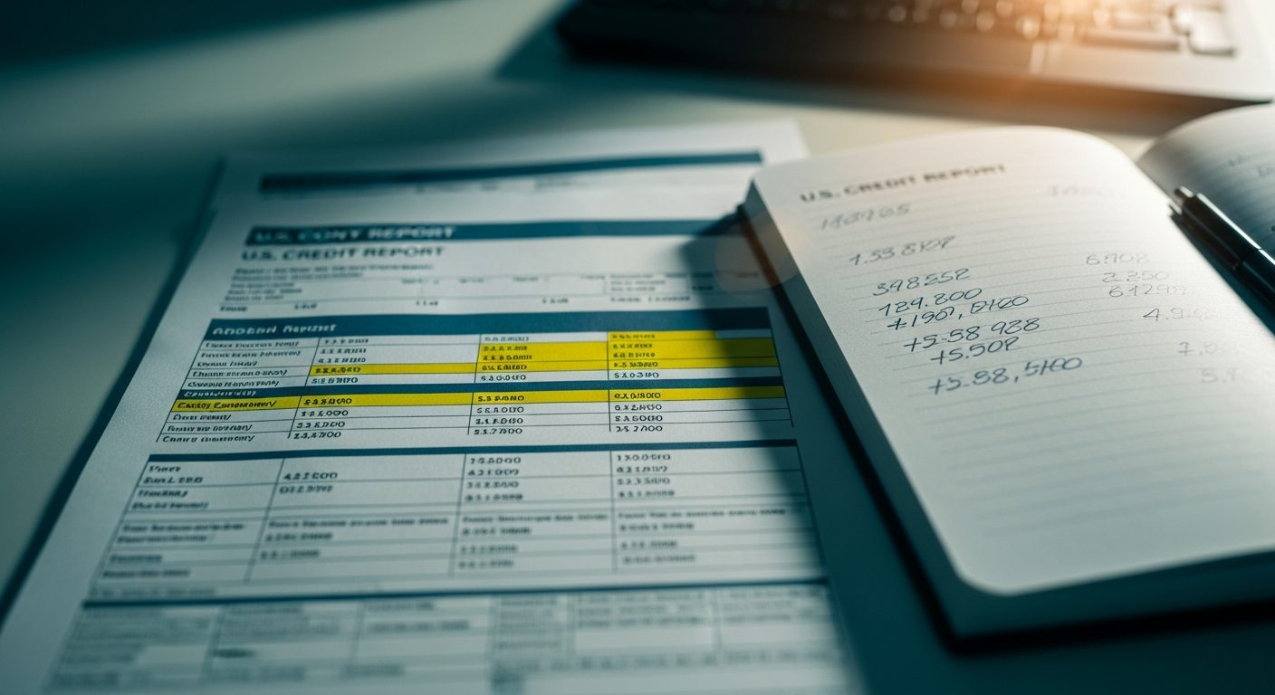 Un informe de crédito U.S. CREDIT REPORT y un cuaderno con números escritos a mano como 1.538.87 sobre una mesa