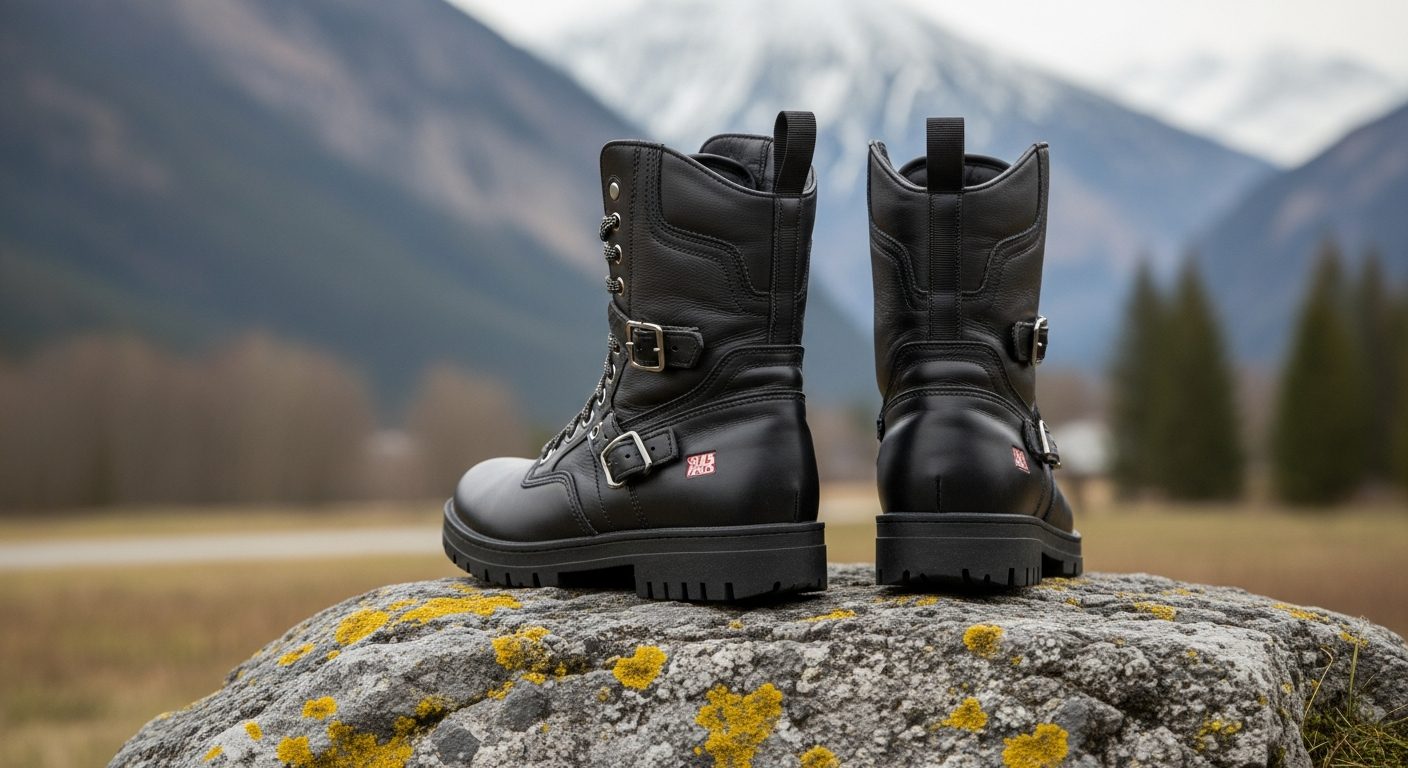 Un par de botas de cuero negras con hebillas sobre una roca cubierta de líquenes, con montañas y árboles al fondo