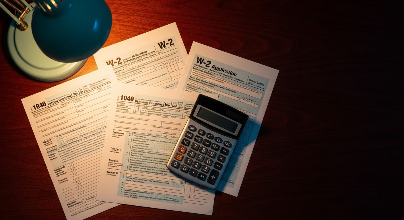 Formularios fiscales W-2 y 1040 con una calculadora y una lámpara azul sobre una mesa de madera oscura