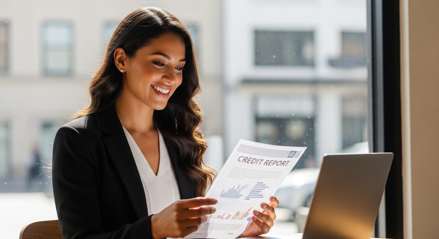 Mujer sonriente con cabello oscuro lee un documento titulado CREDIT REPORT frente a un portátil en un café luminoso