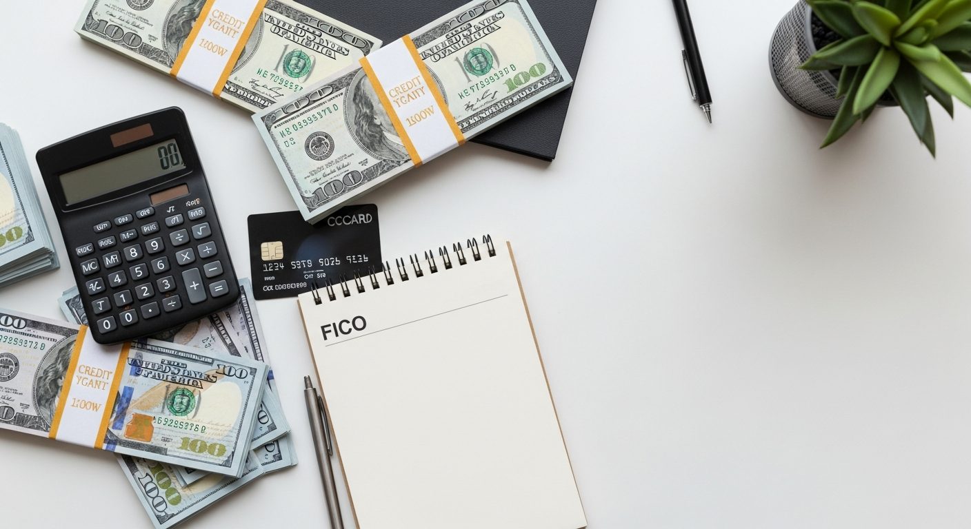 Billetes de cien dólares apilados, calculadora, tarjeta de crédito y cuaderno con FICO sobre una mesa blanca