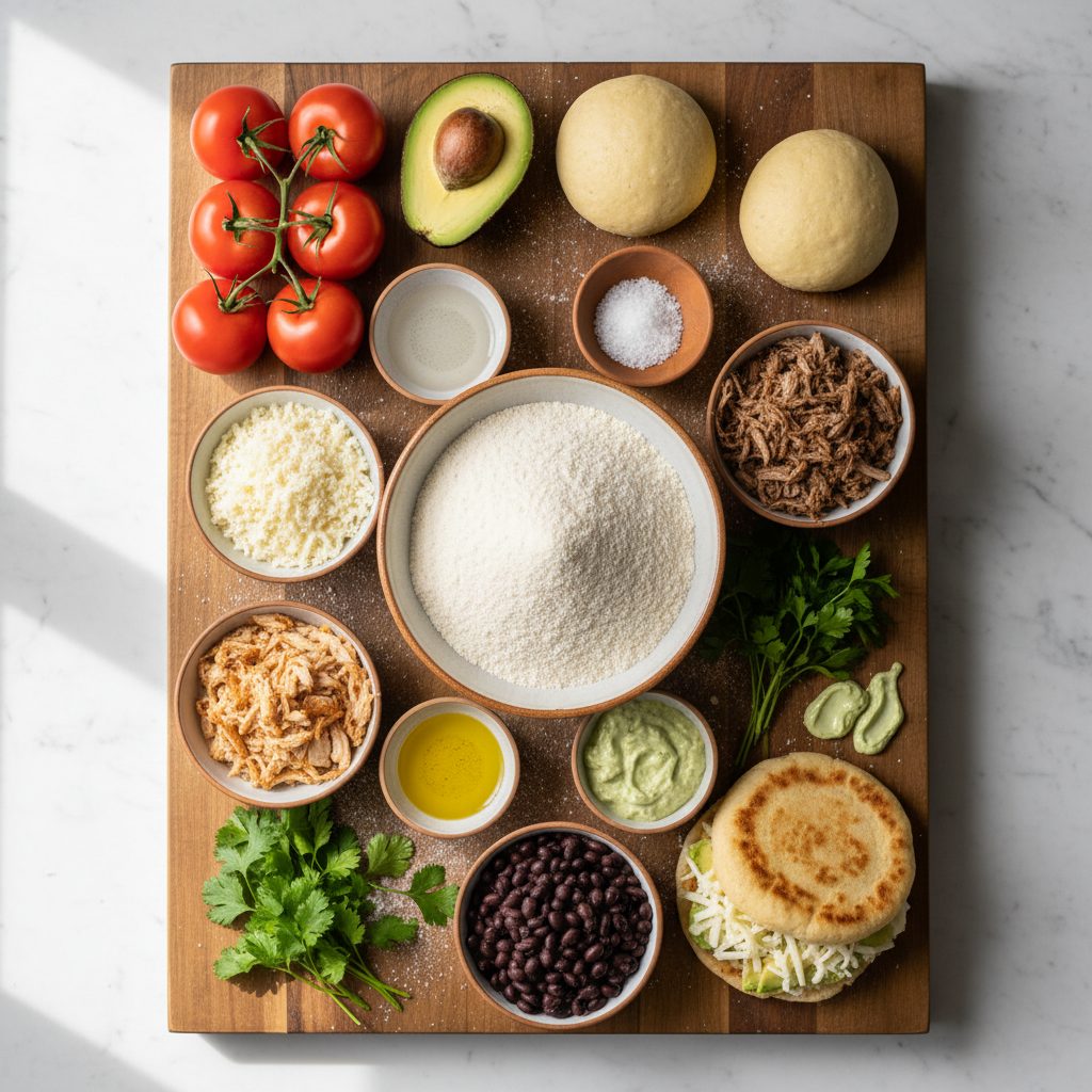 Harina de maíz, tomates, aguacate, frijoles, pollo y una arepa rellena dispuestos sobre una tabla de madera