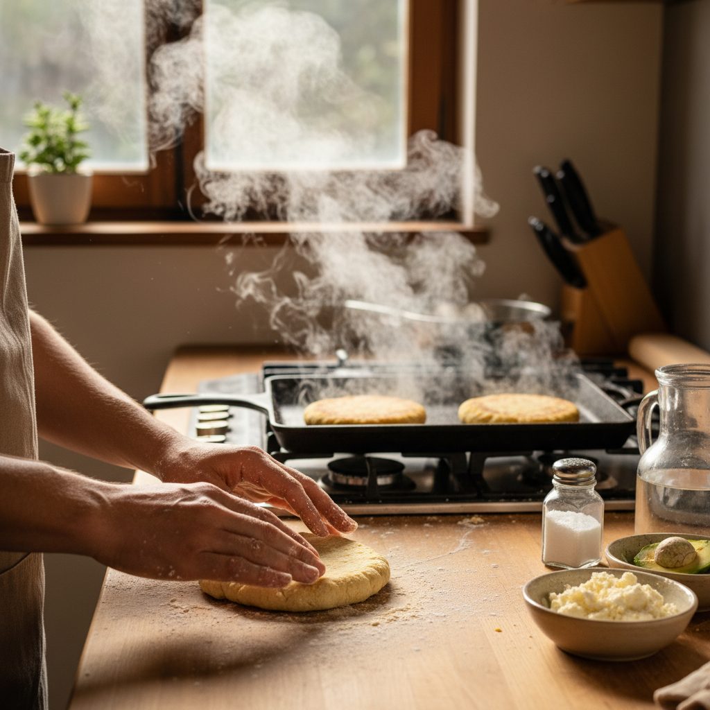 Manos dando forma a la masa de una arepa sobre una encimera de madera mientras otras dos se doran en la parrilla