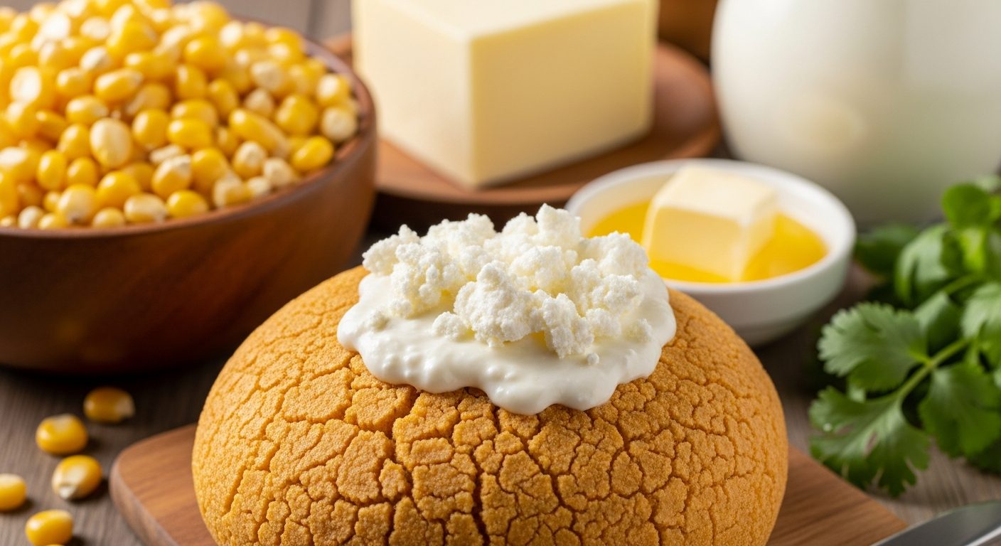 Pan de maíz redondo con queso fresco y crema batida, rodeado de granos de maíz, un trozo de mantequilla y un vaso de leche