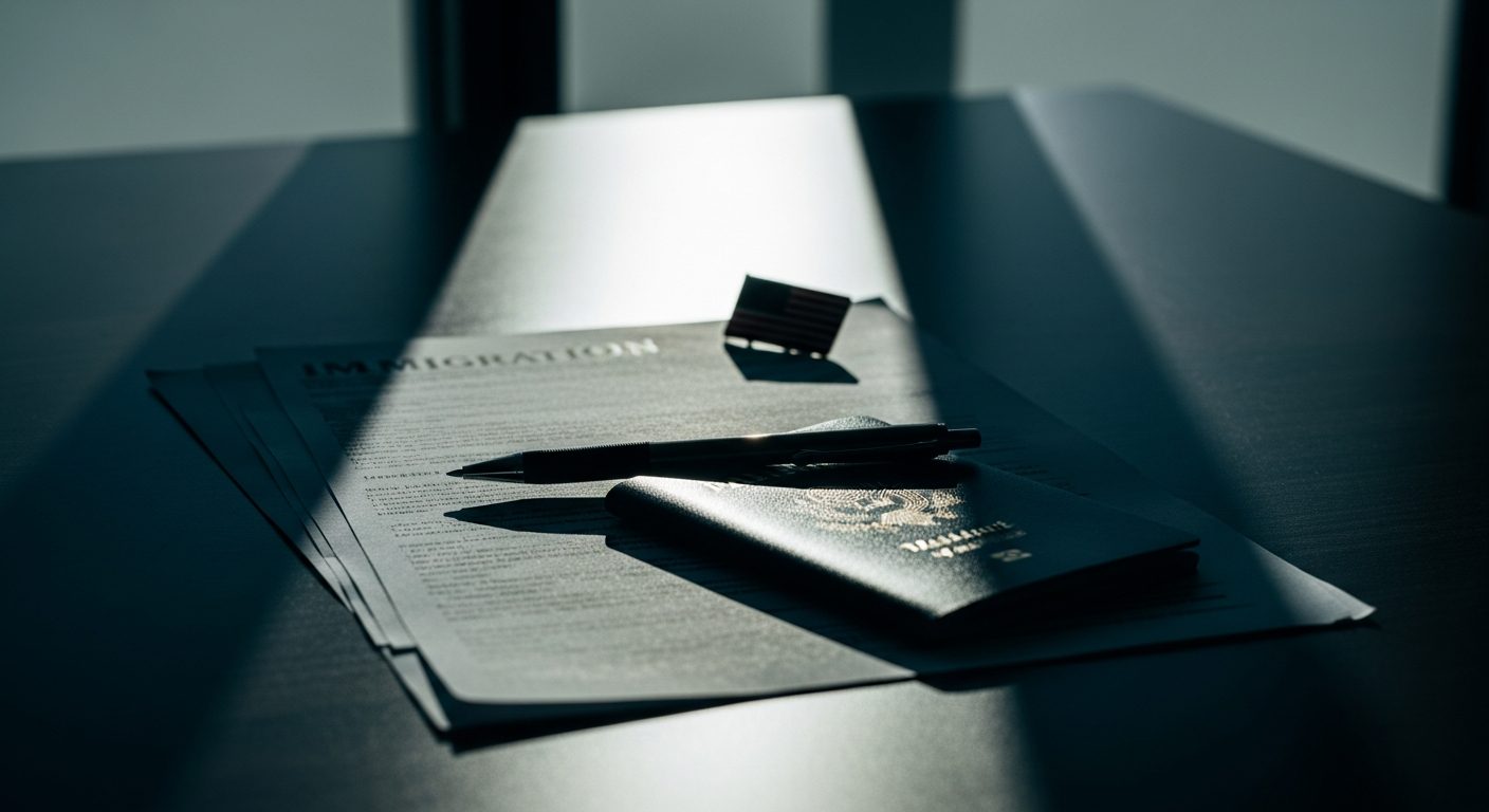 Pasaporte, bolígrafo, documentos de inmigración y una pequeña bandera de EE. UU. sobre una mesa oscura con sombra