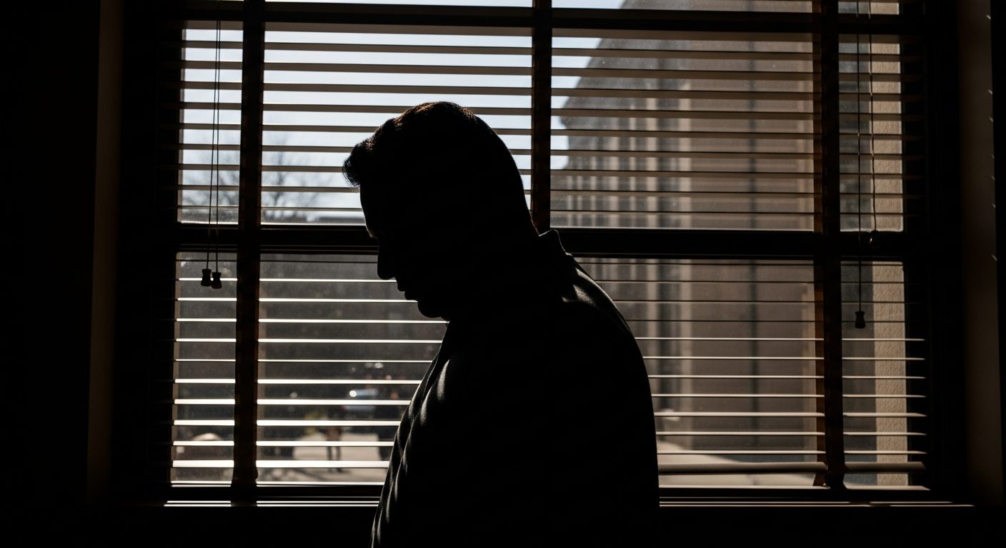 Silueta oscura de un hombre pensativo de pie frente a una ventana con persianas, mirando hacia abajo