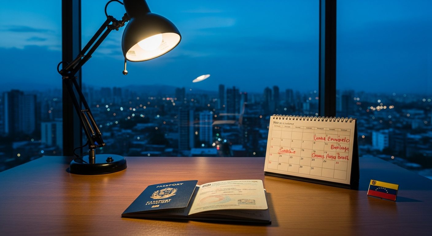 Escritorio con una lámpara, un pasaporte abierto, un calendario y una bandera de Venezuela, con un skyline urbano al anochecer de fondo