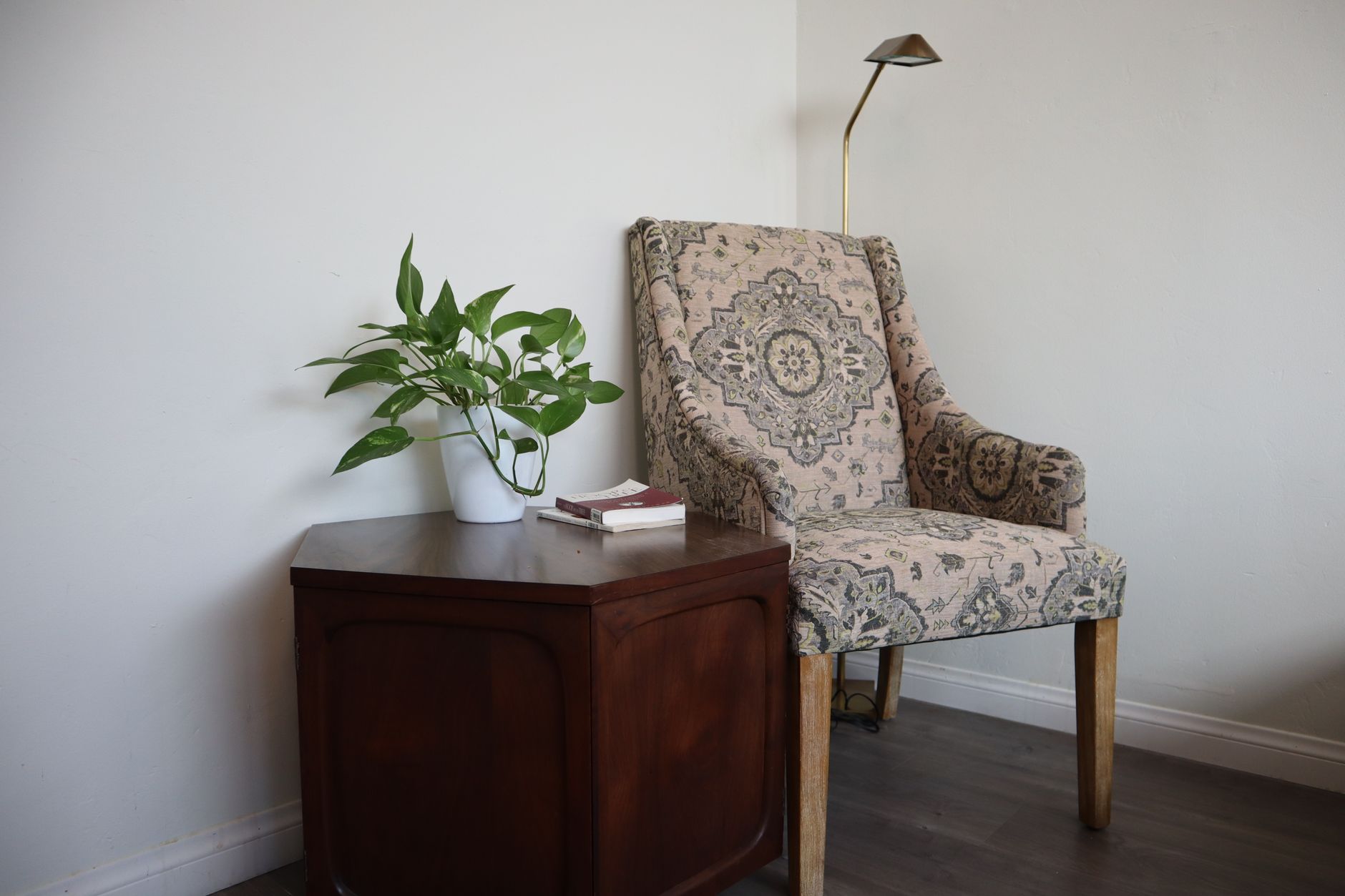 Rincón de descanso con un sillón, una mesa auxiliar con libros y una planta, sin pantallas a la vista