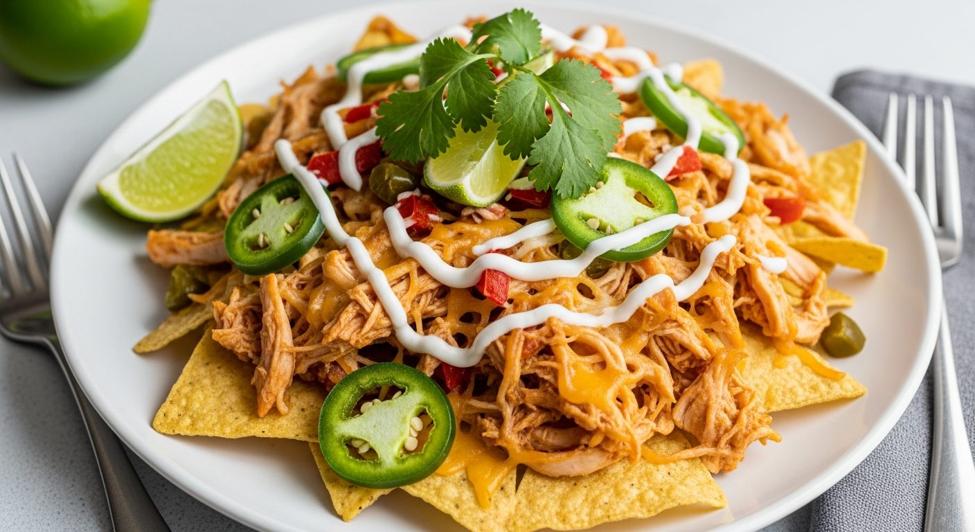 Plato de nachos con pollo desmenuzado, queso fundido, jalapeños, cilantro fresco y rodajas de lima