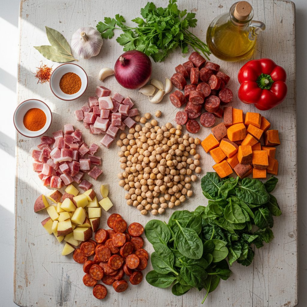 Variedad de ingredientes para guiso como garbanzos, verduras, chorizo, panceta y especias sobre una tabla blanca