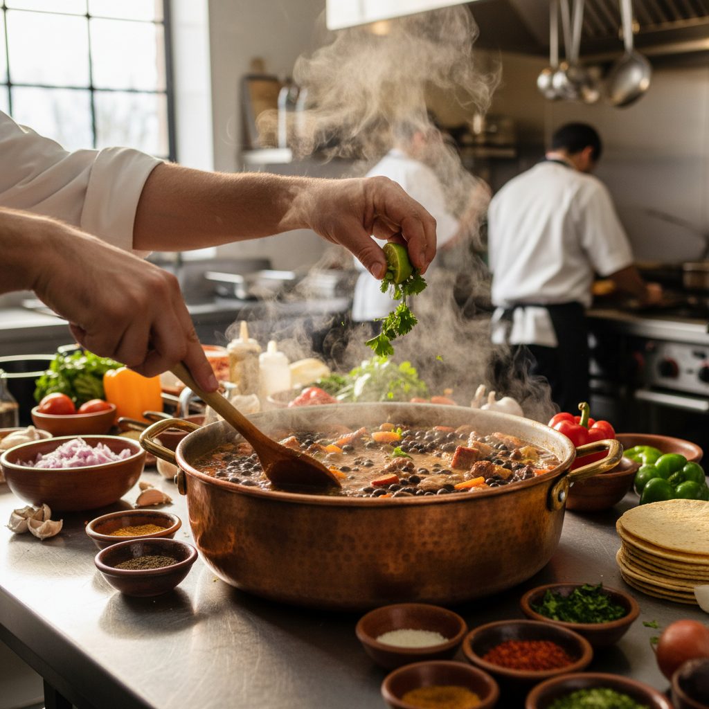 Chef añade perejil picado a un estofado humeante en una olla de cobre, rodeado de ingredientes en cuencos