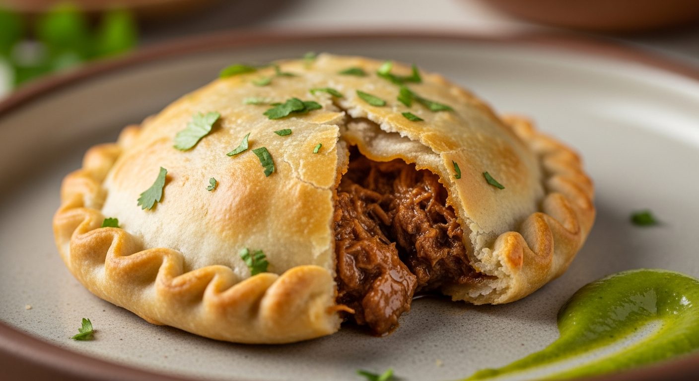 Empanada horneada y abierta por un lado, mostrando su relleno de carne deshebrada, sobre un plato con salsa verde