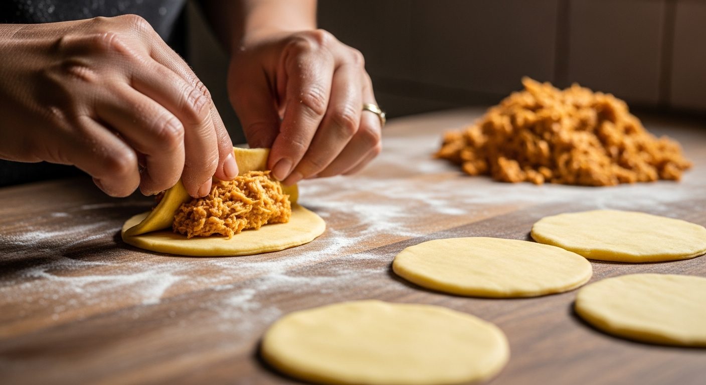 Manos rellenando una empanada con masa redonda y carne deshebrada, sobre una encimera de madera enharinada
