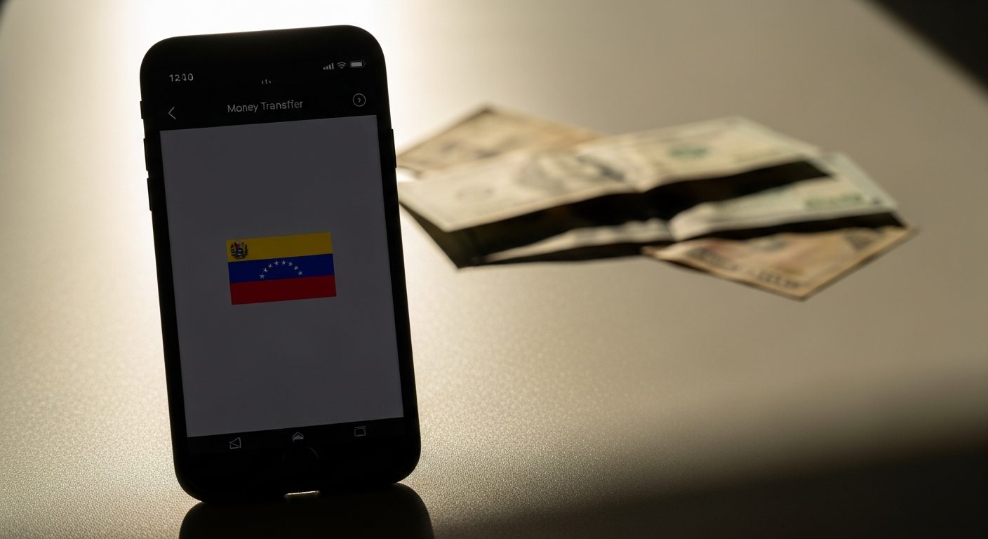 Smartphone con la bandera de Venezuela y la leyenda Money Transfer en pantalla, junto a billetes de dólar
