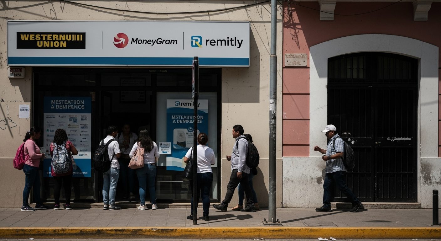 Varias personas haciendo cola frente a un local de Western Union, MoneyGram y Remitly en una calle urbana