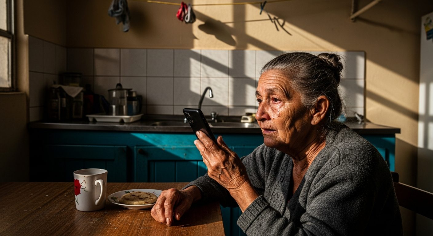Anciana de perfil con el ceño fruncido mira su teléfono móvil de pie en una cocina doméstica.