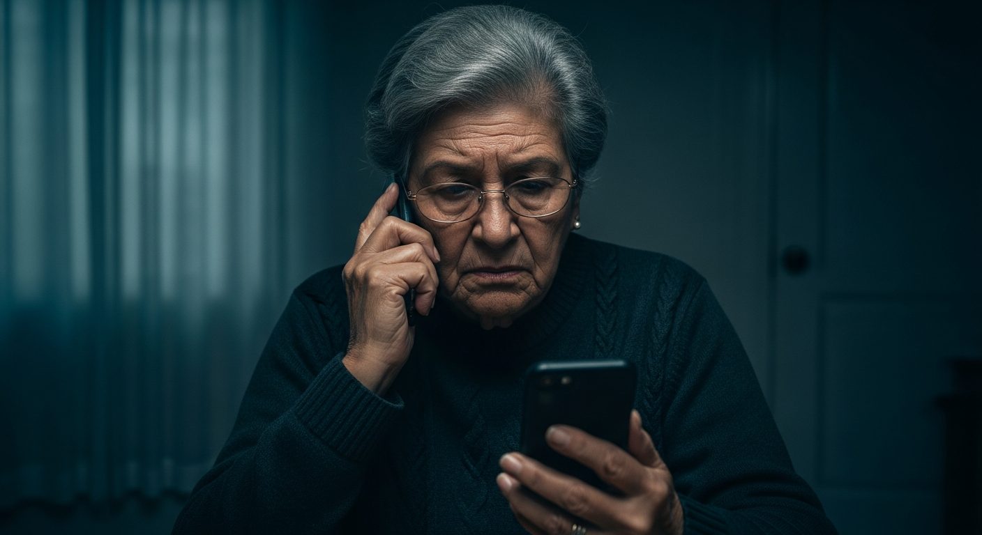 Mujer mayor con gafas y pelo gris usa dos teléfonos, uno en la oreja y otro en la mano, con expresión seria