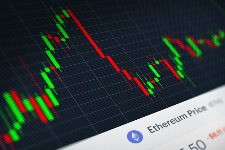 Gráfico de velas japonesas rojas y verdes mostrando una fuerte caída del precio en una pantalla digital