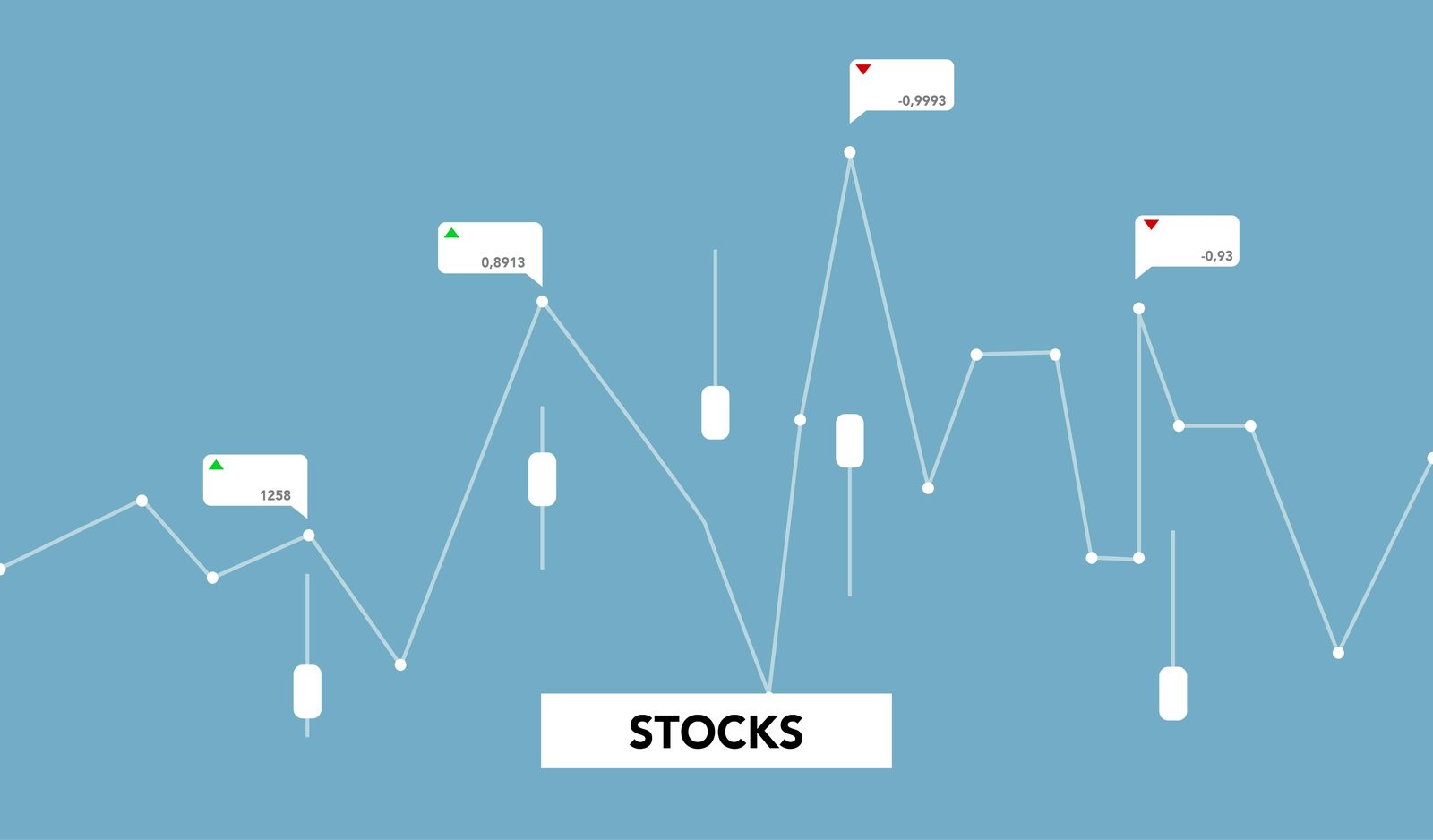 Gráfico de líneas y barras con marcadores numéricos y el rótulo STOCKS sobre fondo azul