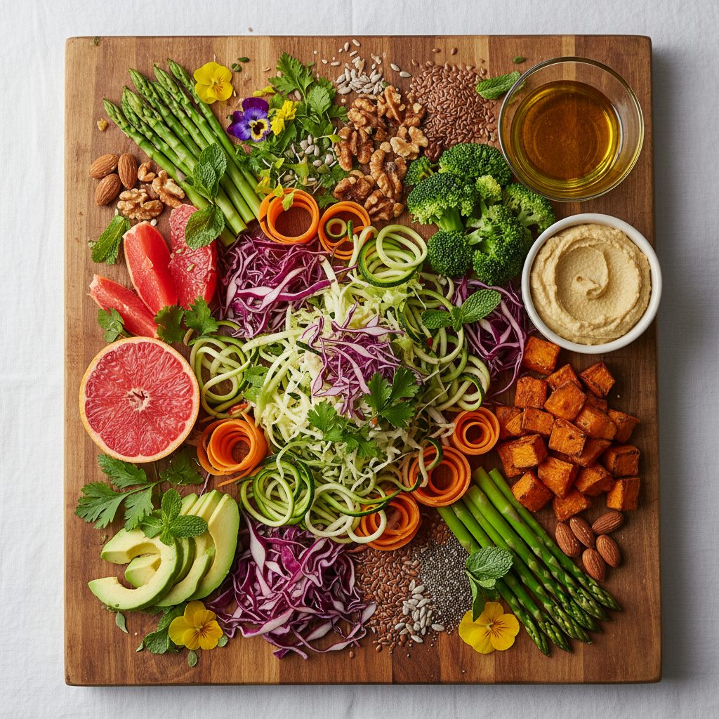 Tabla de madera con alimentos saludables como espárragos, aguacate, pomelo, brócoli, hummus, frutos secos y semillas