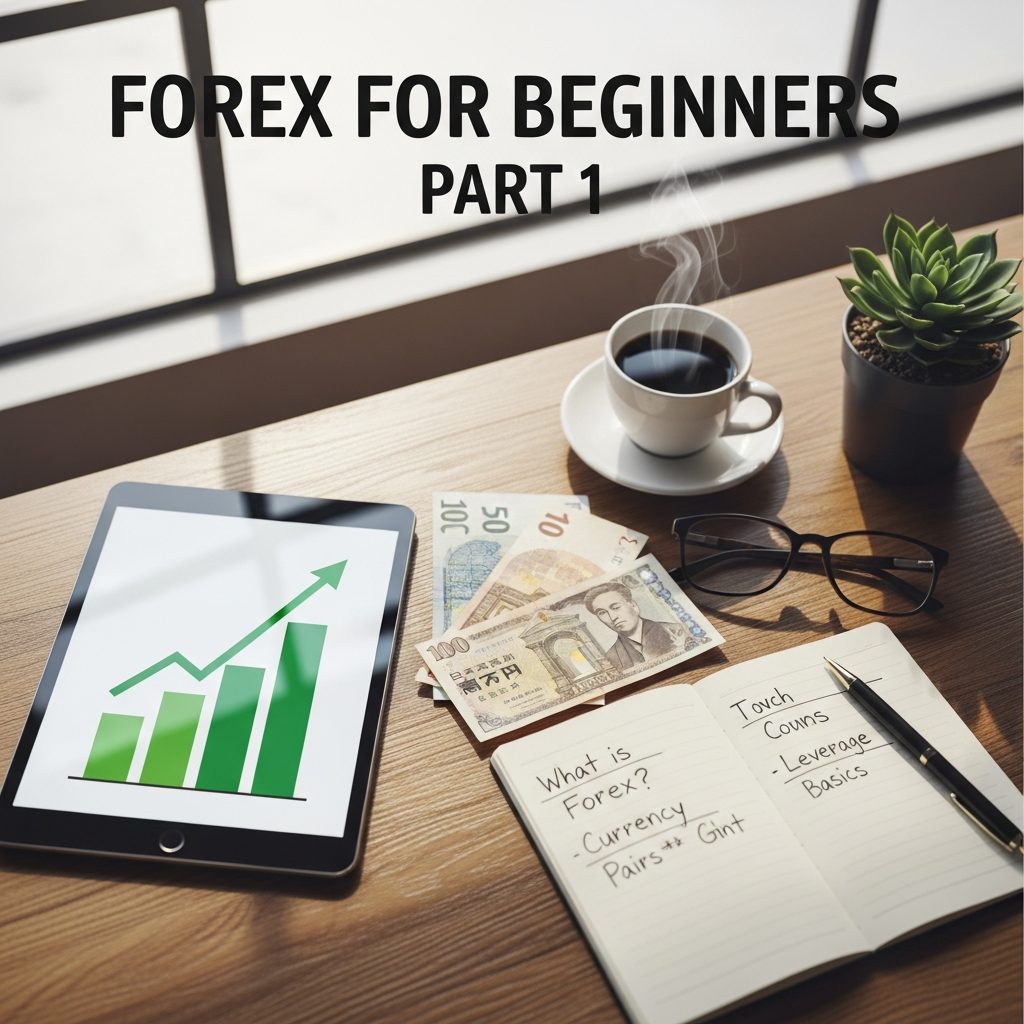 Escritorio con tableta mostrando un gráfico, billetes de yenes, taza de café, gafas y cuaderno FOREX FOR BEGINNERS