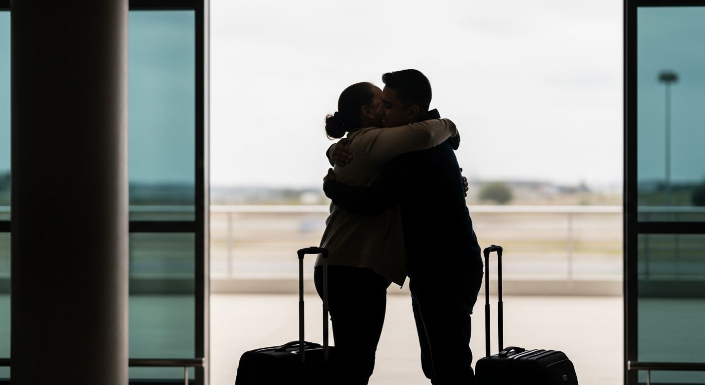 Una pareja abrazándose en silueta frente a los ventanales de un aeropuerto, con dos maletas al lado