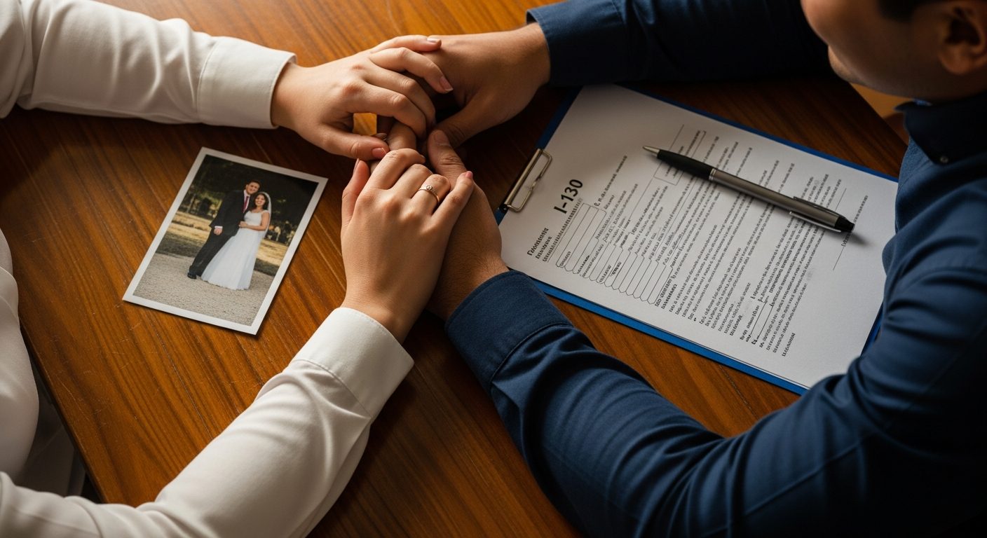 Manos de una pareja entrelazadas sobre una mesa con una foto de boda y el formulario I-130 junto a una pluma